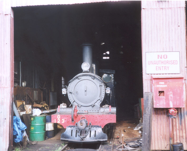 G123 inside the original Loco shed at Pinjarra 5/6/02               by N. Blinco