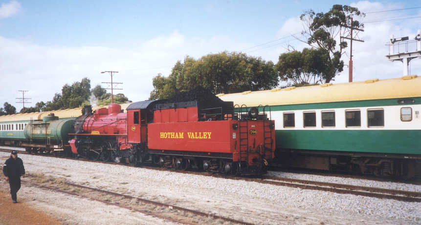 After shunting the tanker to the smokebox end and coaling, Pm 706 steams out of Goomalling Yard heading for Avon Yard to be turned on the turntable where it will rejoin the train which was hauled back to Avon by C1703.                            Photo by N Blinco